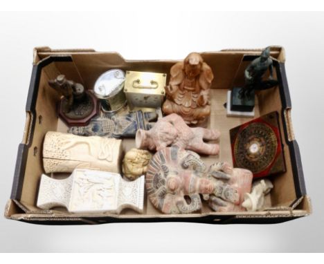 A box of Oriental resin and carved wooden ornaments, contemporary mantel clocks, Chinese compass 