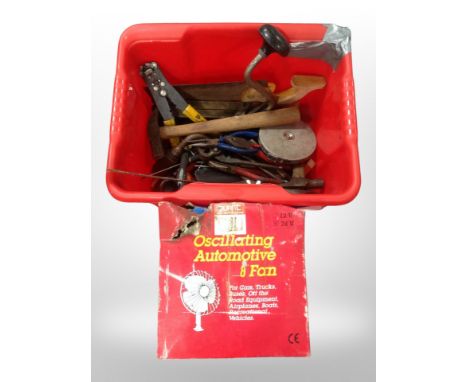 A box of assorted vintage hand tools, oscillating fan in box  etc 