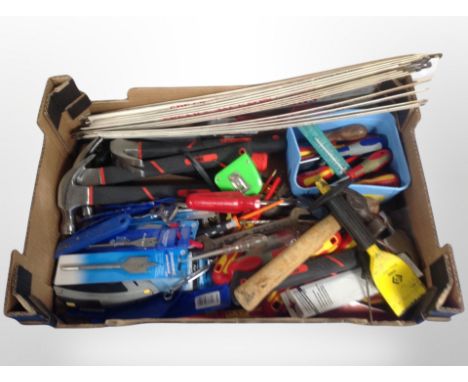 A box of various tools, claw hammers, drill bits, screw drivers, Spear and Jackson saw blades 