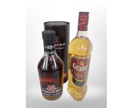 A bottle of Highland Park single malt Scotch Whisky Orkney Islands 70cl in carton, together with a further bottle of Grants b