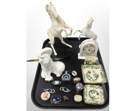 A Royal Doulton figure  - Rearing horse 'Spirit of the wild' together with a similar figure, Wedgwood porcelain clock, three 