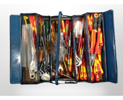 A metal concertina tool box containing hand tools, pliers, screw drivers etc 