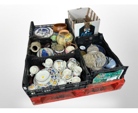 A pallet of several crates of china, Maling ware, Churchill tea china, three crystal light fittings 