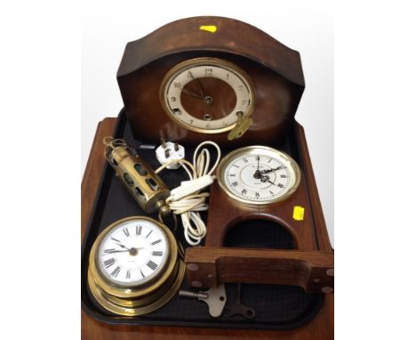 A Bentima eight day mantel clock, further quartz mantle clock, ships style clock and hanging brass lamp 