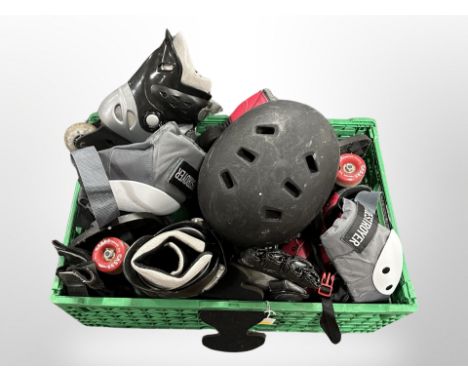 A box of roller blades, roller skates, sports clothing including helmets, knee pads etc 