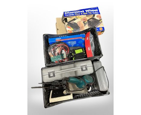 Two crates of assorted tools, jump leads, boxed diamond wheel tile cutter etc 