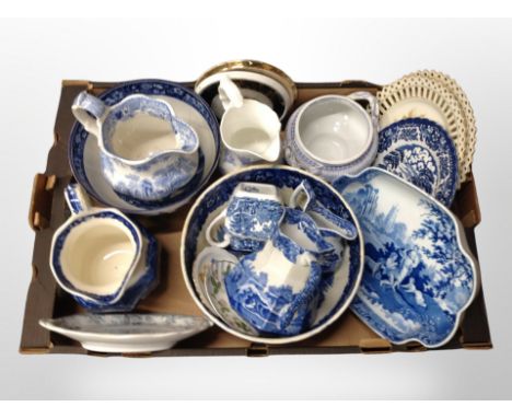 A box of blue and white ceramics, Copeland Spode Italian, Willow pattern pieces etc 