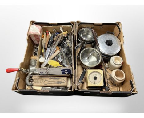 Two boxes of stainless steel pans, old slab of salt in original wrapping, ceramic vase, cutlery, Spong mincer, an apprentice 