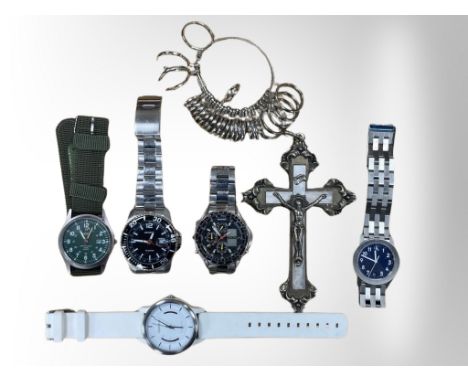 Five wrist watches by Garmin, Sekonda, etc, together with a crucifix pedant and ring sizers 