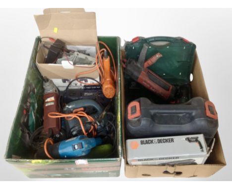 Two boxes of Black and Decker Hammer drill, Bosch drill, further power tools 
