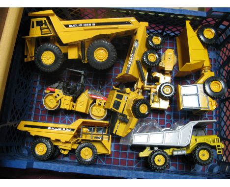 Six Diecast Model Construction Plant Vehicles By Joal, including #R85B Euclid dump truck, 712 tractor dumper, #A35C Volvo art