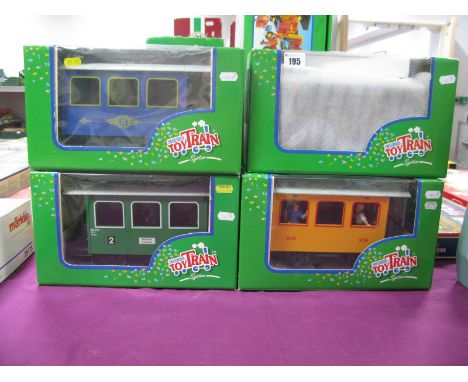 Four G Scale Lehmann Gross Bahn 'Toy Train' Carriages, some figures included. Boxed