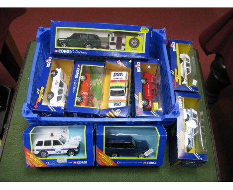 Nine Diecast Model Range Rovers by Corgi, 1:36th scale including #57603 and #57605 RAC vehicle with working features. Boxed.