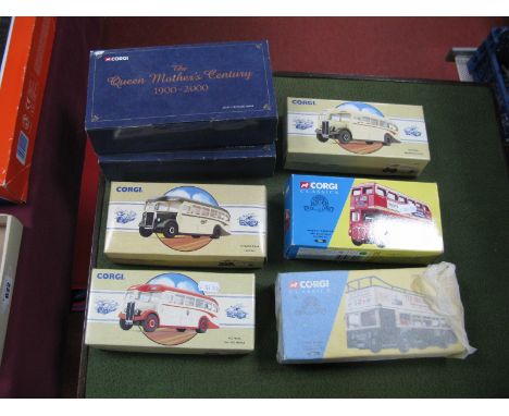 Seven Boxed Corgi Diecast Model Buses and Trams, including #33501 Guide Friday Leyland Altantean Open Top Bus Set, #36712 Cen