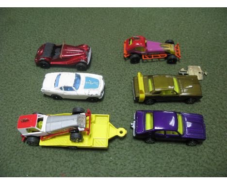 Seven Corgi Rocket Diecast Vehicles, including Mercury Cougar XR7. purple Ford Capri,Derek Fiske stockcar. All playworn, very