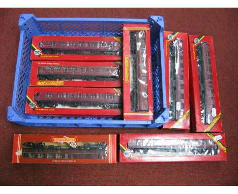 Eight Boxed Hornby "00" Gauge Eight Wheeled Coaches, including #R.475 LMS brake 3rd coach (crimson lake), #R.936 LMS coach br