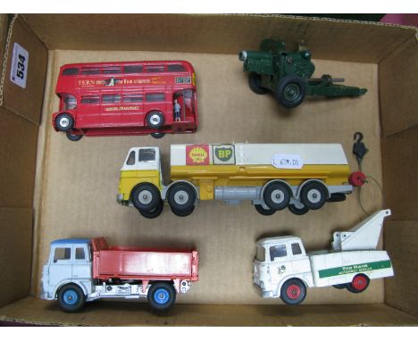 Four Original Dinky Commercial Vehicles, including Leyland Octopus Shell/BP tanker and Bedford tipper. Plus a Britains tanker