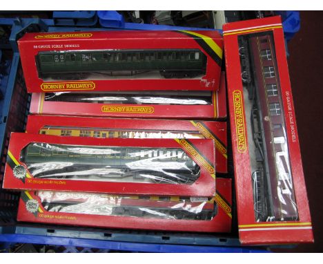 Six Hornby "OO" Gauge Eight Wheeled Coaches, assorted liveries including #R0928 B.R. Composite Coach, #R.428 Open 2nd Coach S