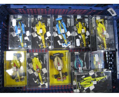 Eleven Perspex Cased 1:43rd Scale Diecast Model Formula One Cars by Minichamps 'Pauls's Model Art', all Jordan or Renault F1 