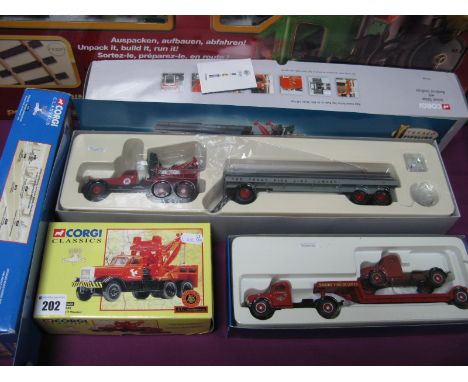 Three Boxed Corgi 1:50th Scale Diecast Model Commercial Vehicles, including #55610 Diamond T980 Wrecker & Trailer with pipes.