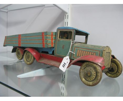 A Large Pre-War Tinplate Clockwork Six Wheel Tipper Truck by Tippco, finished in blue/red. Missing tailgate, one wheel, steer