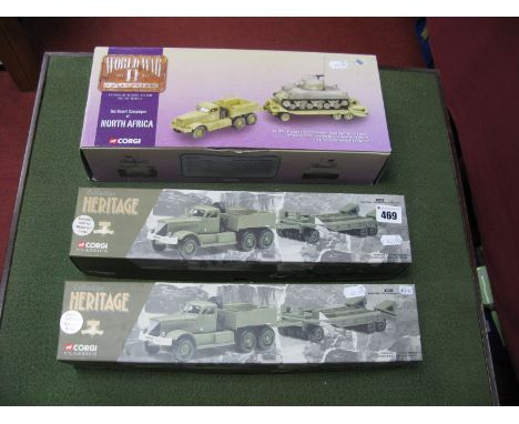 Three Boxed Corgi 1:50th Scale Diecast Model Military Vehicles,including #55102 (x2) Diamond T980, Remorgue Porto-Char. #CC55