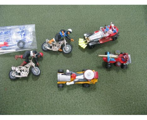 Two Speedway Bikes with Riders by Britains, a Corgi Junior Chitty Chitty Bang Bang and Corgi Tom and Jerry.