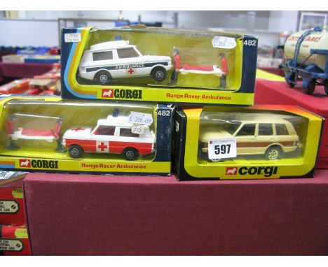 Three Boxes Corgi Diecast Model Range Rovers, two #482 (circa 1974) Range Rover Ambulance - White/Red, Range Rover Ambulance 