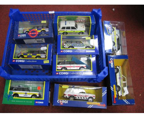 Nine Diecast Model Emergency Services Range Rovers by Corgi, 1:36th scale, including #57602 (2) central motorway police group