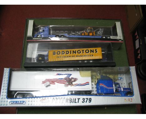 Three Diecast Model Commercial Vehicles by Corgi, Welly, Motorart, including Corgi #75202 1:50th scale ERF curtain side Boddi