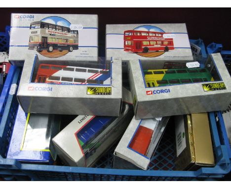 Nine Corgi 1:64th and 1:76th Scale Diecast Buses, including #32605 Plaxton Paramount Coach, British Airways Holidays, #91839 