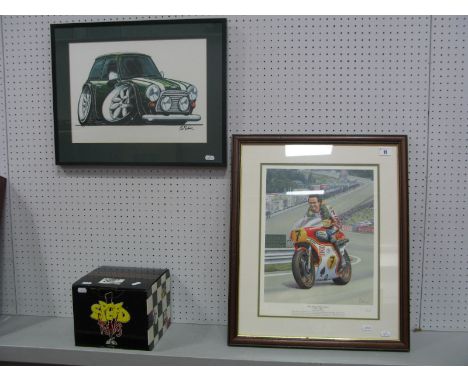 Two Framed Prints : The legend Barry Sheene 1950 - 2003 By Robert Tomlin 129 of 750, 57cm tall x 48cm across, a modified 'Str