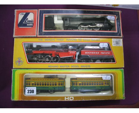 Three Boxed "HO" Gauge Locomotives and Trolley Cars, by Lima, Mehano, Mehanotehnika Izola, including Mehano 4-6-2 Southern Pa