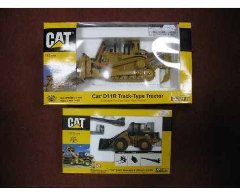 Two Boxed Norslot 1:50th Scale Diecast Model Construction Vehicles, #550525 CAT D11R Track Type Tractor, #55057 CAT 924G Vers
