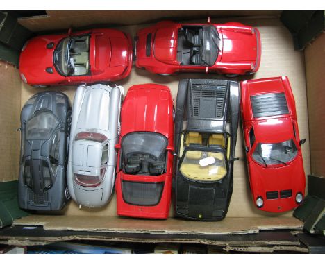 Seven 1:18th Scale Diecast Model Sports Cars By Polistil, Burago, Maisto, Mira, including Mercedes 300sl (1954), McLaren F1 (