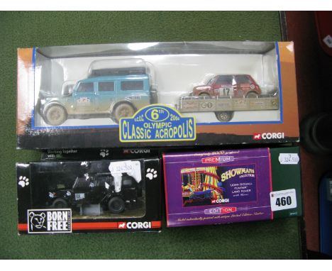 Three Boxed Diecast Land Rover Model Cars, by Corgi including #CC99153 Scale Mini Cooper and Land Rover/Trailer, Roberts/Stac