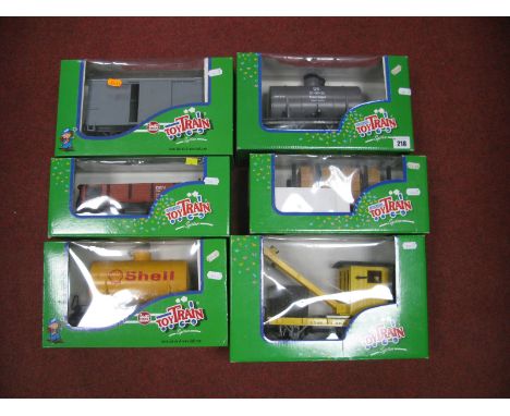 Six G Scale Lehmann Gross Bhan "Toy Train" Wagons, including a Shell Tanker wagon and a crane wagon. Boxed