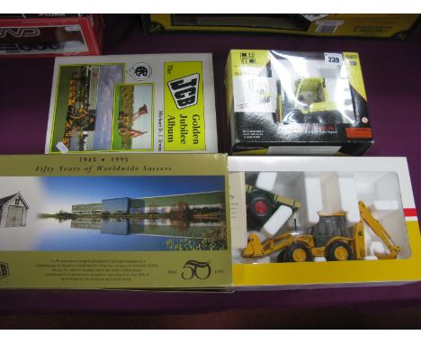 A Joel Diecast Model JCB Farm Trailer, and JCB 4CX Backhoe loader fifty year commemorative model pack 1945-1995, a Hyster #53