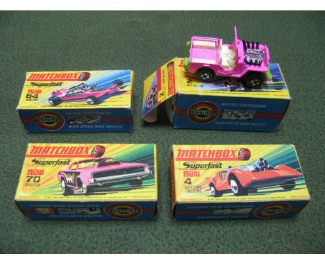 Four 1970 Matchbox 1-75 Superfast No 2 Jeep Hot Rod, No 64 Slingshot, No 4 Gruesome Twosome (gold) and No 70 Dragster (snake 