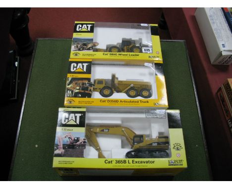 Three Boxed Norscot 1:50th Scale Diecast Model Cat Construction/Plant Vehicles, #55058 CAT 365B L Excavator, #55700 CATD350D 