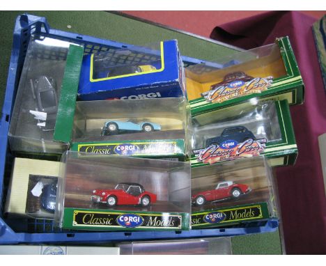 Ten Corgi Diecast Model Vehicles, including #TY91066 Mini Cooper, #99802 Morris J van, #D701 Ford Popular saloon, #D733 Austi