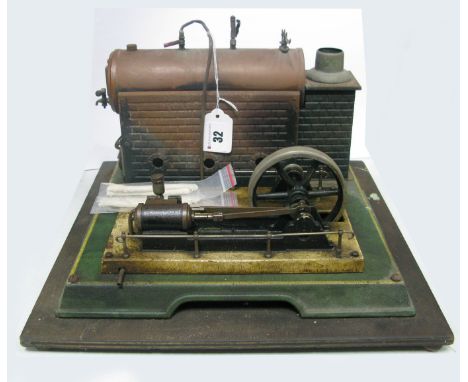 An Early XX Century Toy Steam Plant by Marklin Horizontal Boiler Feed Single Cylinder Horizontal Engine, green enamelled base