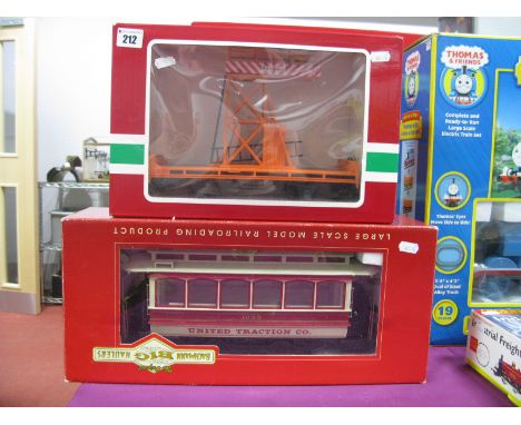 A Bachmann Big Hauler United Electric, Closed Street Car, a Lehmann Gross Bahm Scaffold Wagon? (G Scale. Boxed