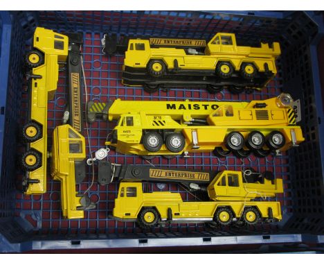 Four Diecast Model Cranes, Majorette 1:40th scale #4511 Grue telescopic (3), Maisto M78 crane. Playworn.