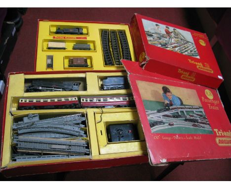 Two Boxed Tri-ang "OO" Gauge Train Sets, #RS4 0-6-0 Class 3F Jinty Tank Engine, three goods wagons, track, #RIX Passenger Tra