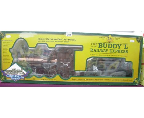 A Buddy "L" Railway Express Two Piece Electric Engine and Tender (G Scale) American Outline Locomotive 2-6-2, with eight whee
