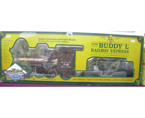 A Buddy "L" Railway Express Two Piece Electric Engine and Tender (G Scale) American Outline Locomotive 2-6-2, with eight whee