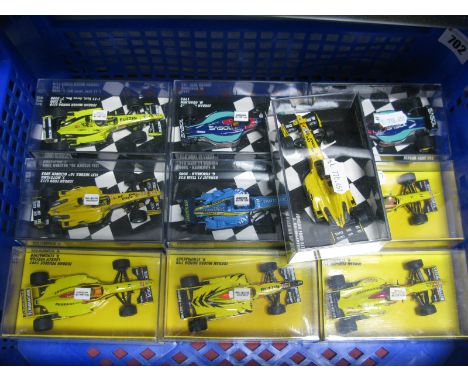 Ten Perspex Cased 1:43rd Scale Diecast Model Formula One Cars by Minichamps 'Paul's Model Art', all Jordan or Renault F1 Team