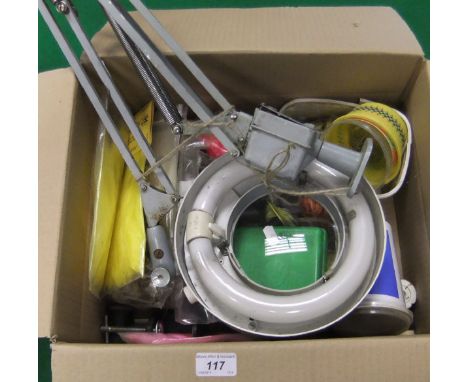 A cardboard box containing a quantity of fly fishing materials and accessories, together with a magnifying table lamp