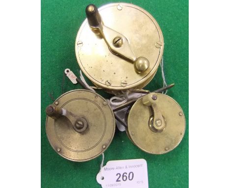 3 x Brass trout reels CONDITION REPORTS Smallest reel has wear and scuffs, some denting and mis-shaping and tarnish, medium 